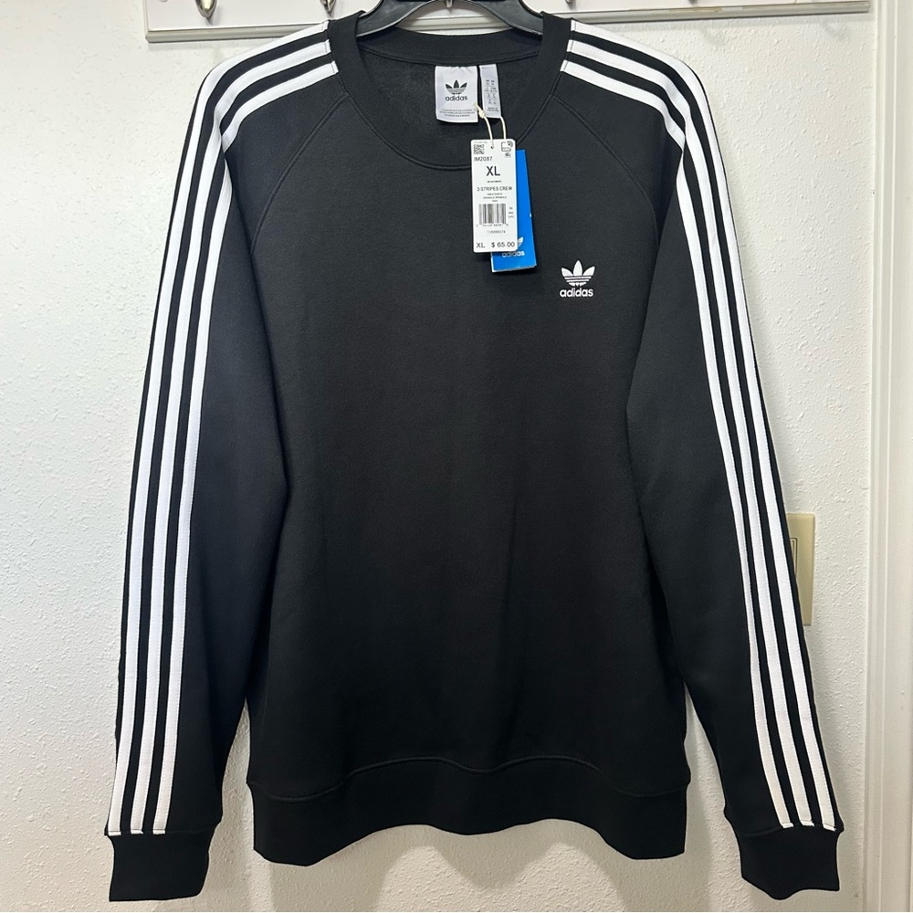 Adidas Men's Black Crewneck Sweater with White Stripes, XL Brand New with Tags